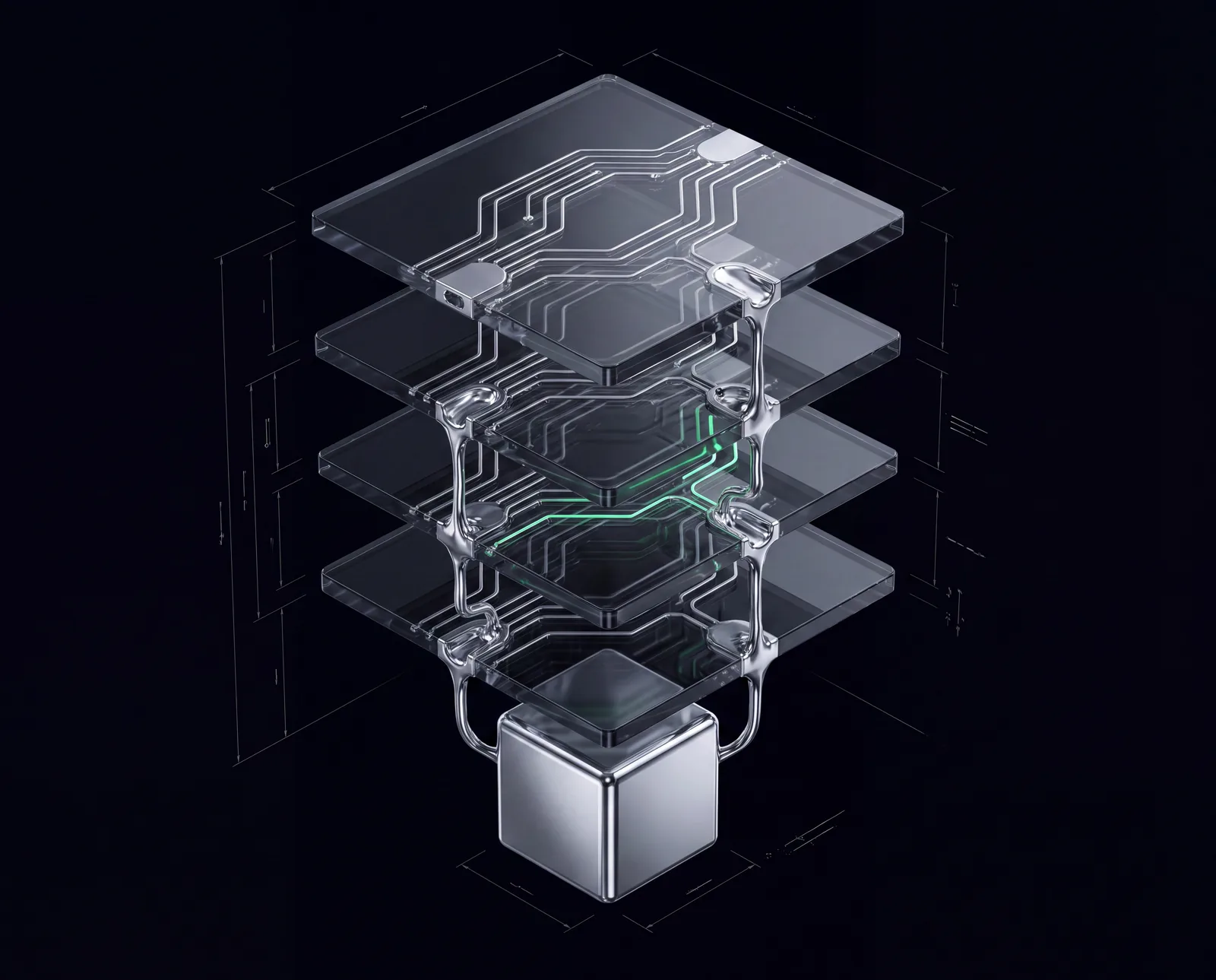 Exploded view of five glass protocol layers with silver circuit pathways, anchored by a chrome vault cube