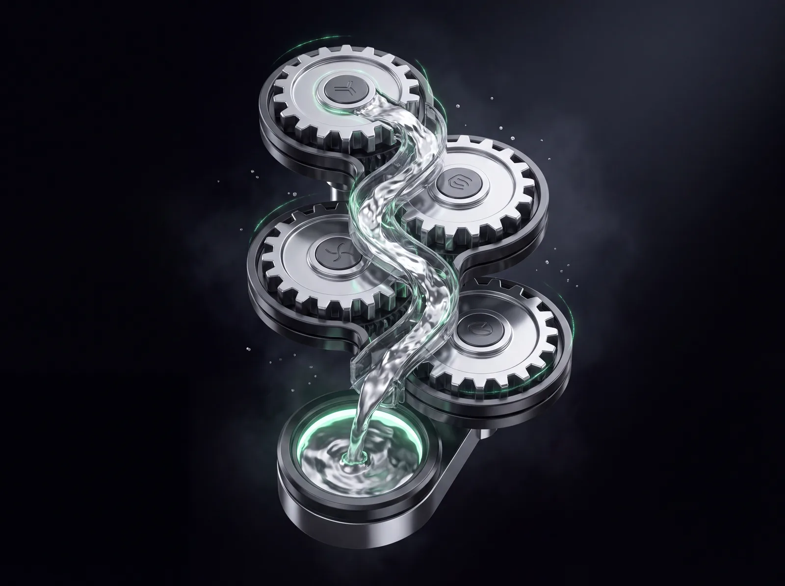 Flywheel mechanism: molten silver flowing through interlocking chrome gears into the settlement vault