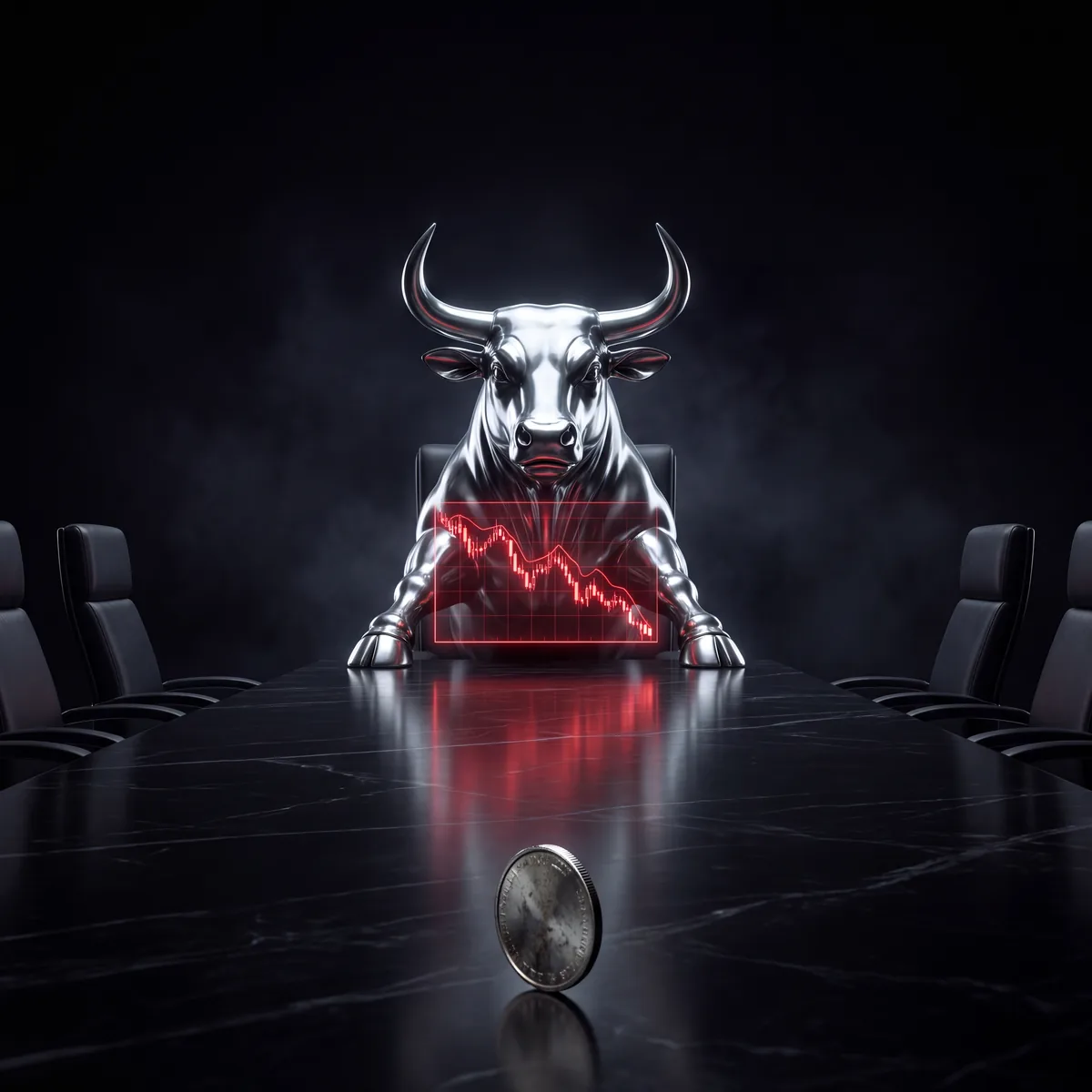 The chrome bull at the head of a dark boardroom table, a red descending chart before him