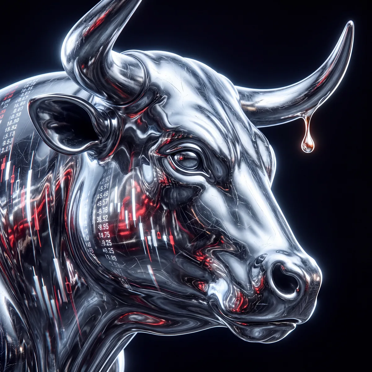 Close-up of the chrome bull reflecting falling silver price data, a molten drop falling from his horn