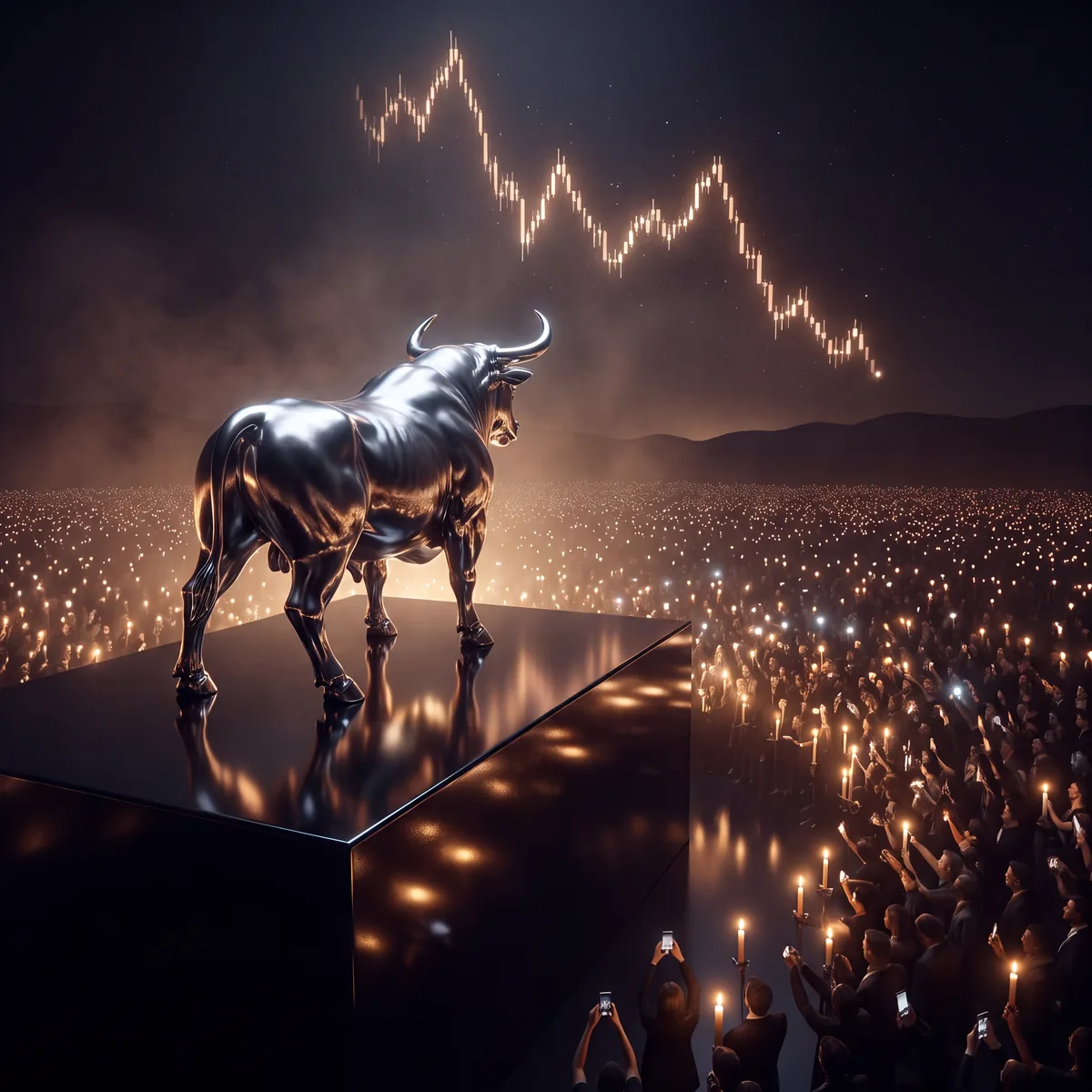 The chrome bull on an obsidian platform before a crowd of thousands holding lights, a descending chart glowing in the night sky