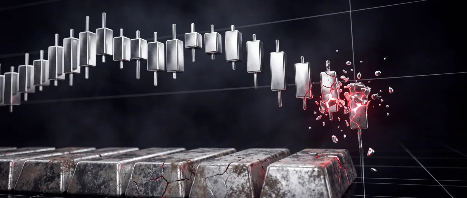 Silver candlestick chart breaking downward over tarnished silver ingots